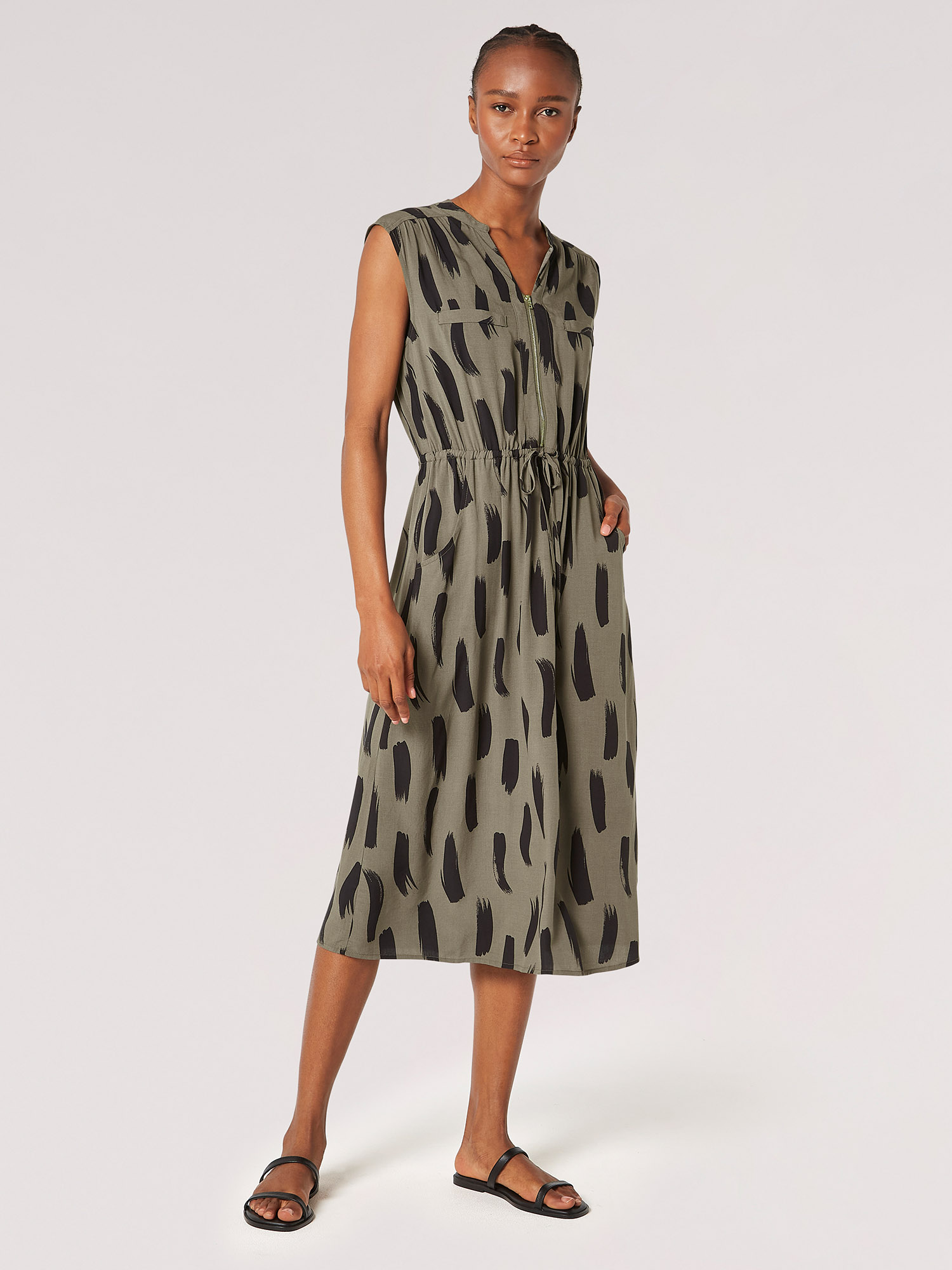 Brushstroke Print Drawstring Midi Dress | Apricot Clothing