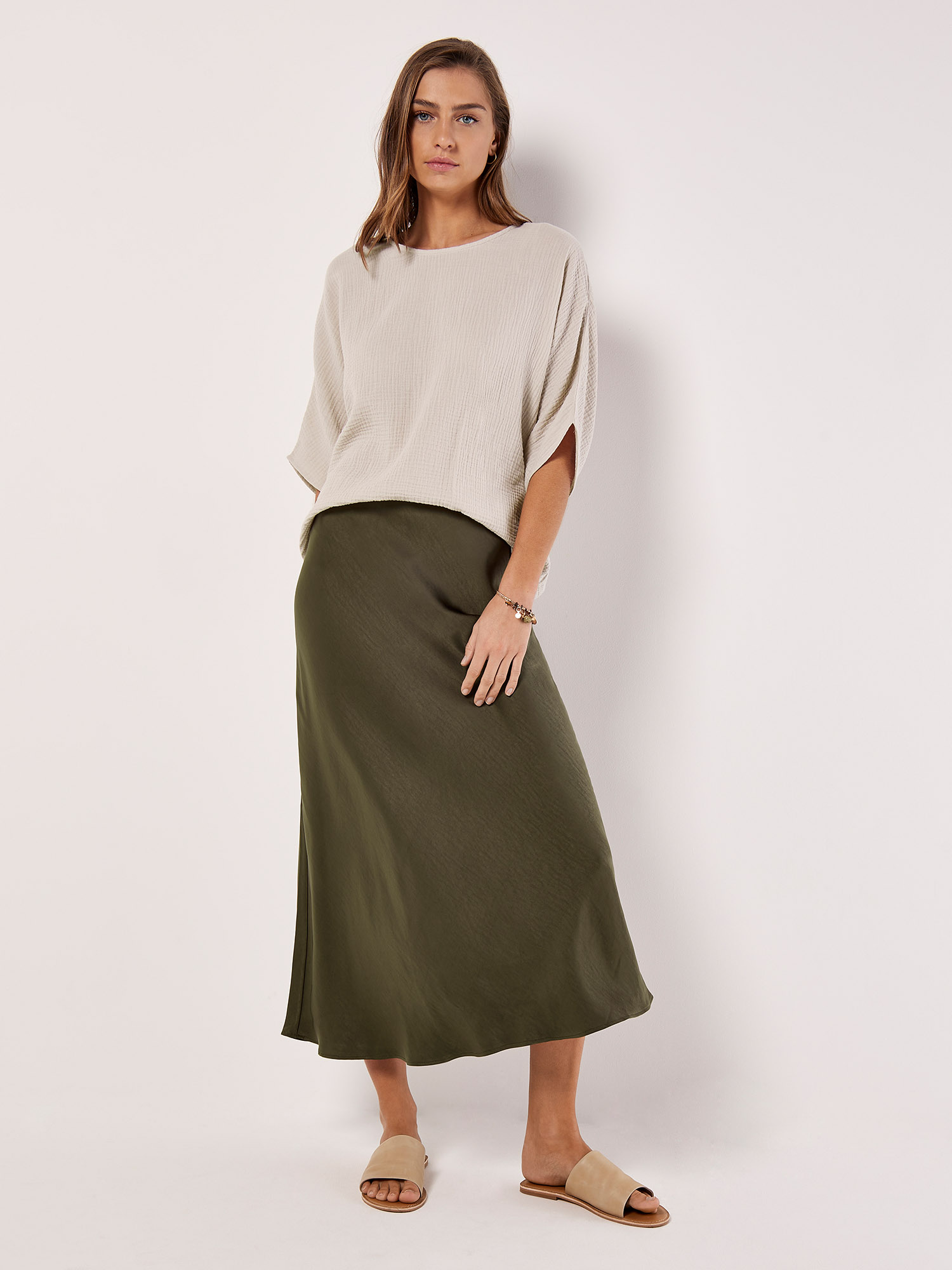 Mid length satin skirts khaki best sale